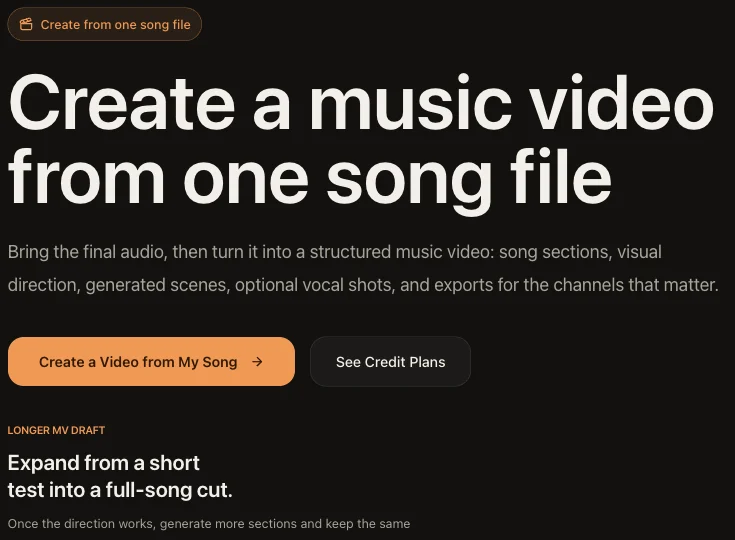 Comece pela sua música — VibeMV. Captura da interface em inglês da página de entrada da música pronta