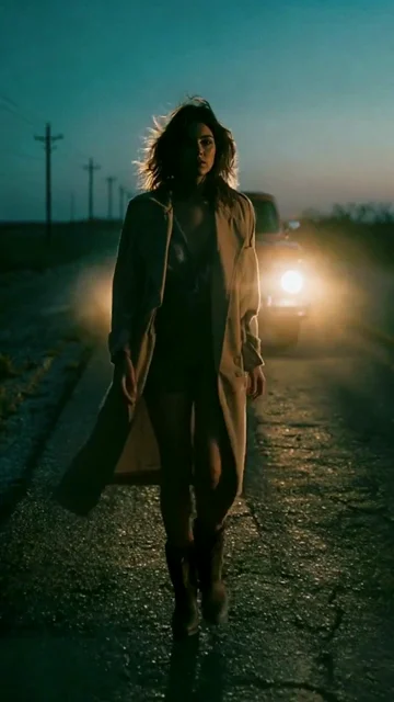 Actual finished-video frame, shot 6: road and headlights