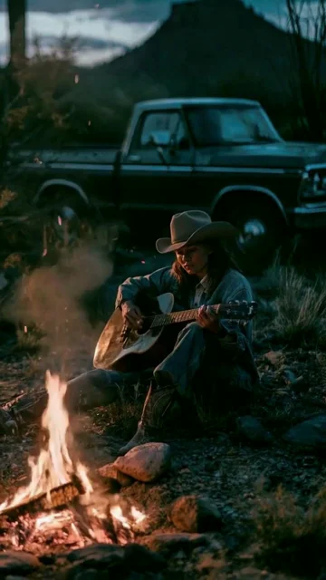 Actual finished-video frame, shot 10: guitar and campfire