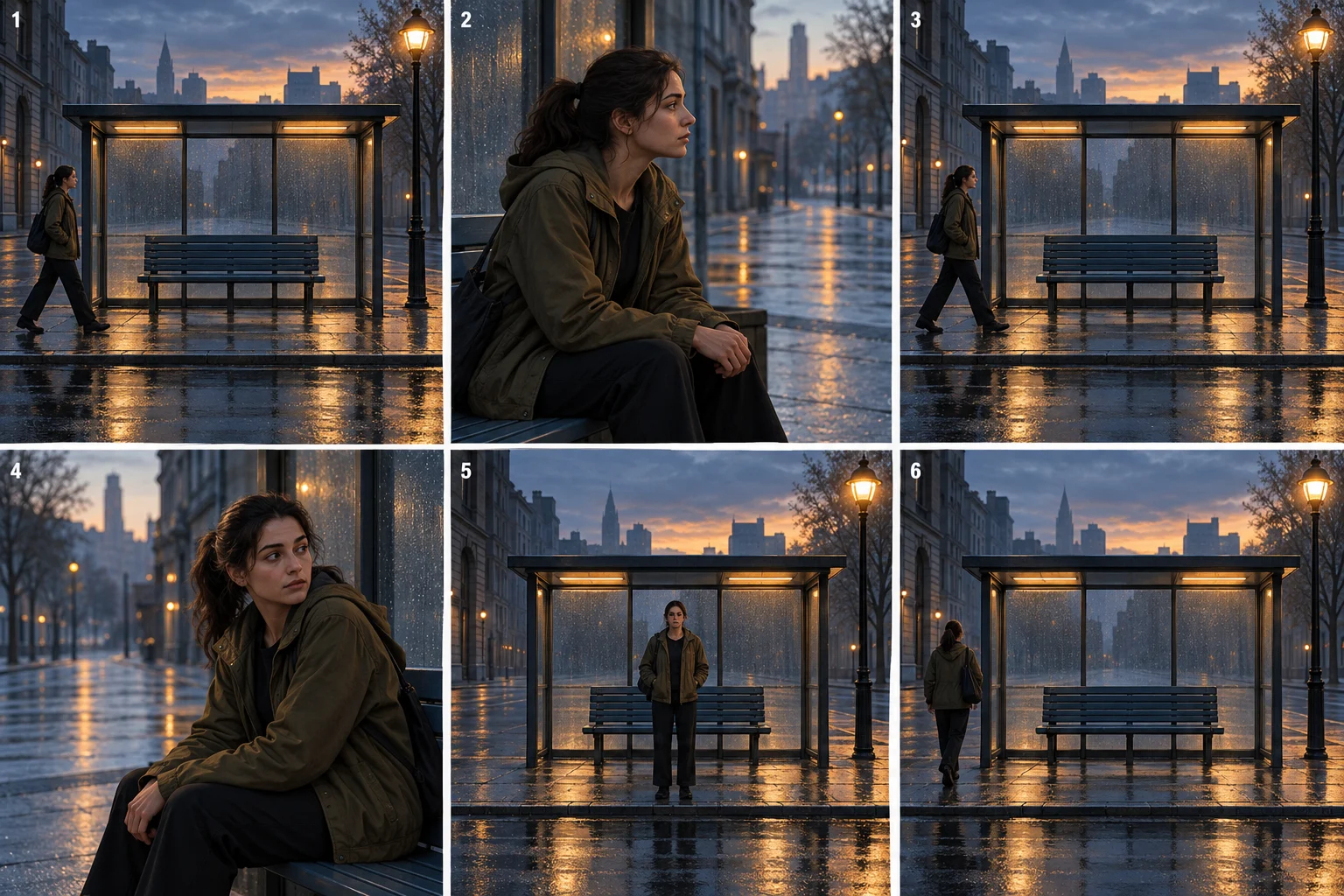 Concept wide view of a woman entering a blue bus shelter from the left at dawn