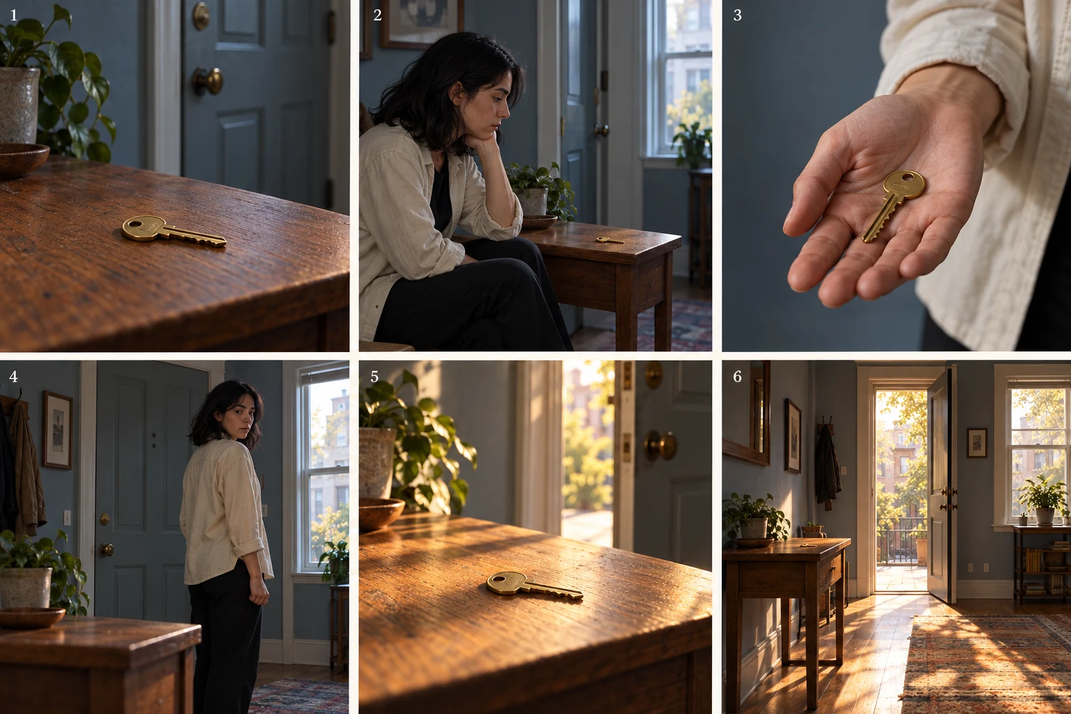 Concept image of one brass key on an entry table by a closed door